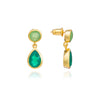 Goldene Doppel-Edelstein-Tropfenohrringe mit grünem Onyx und Prenit