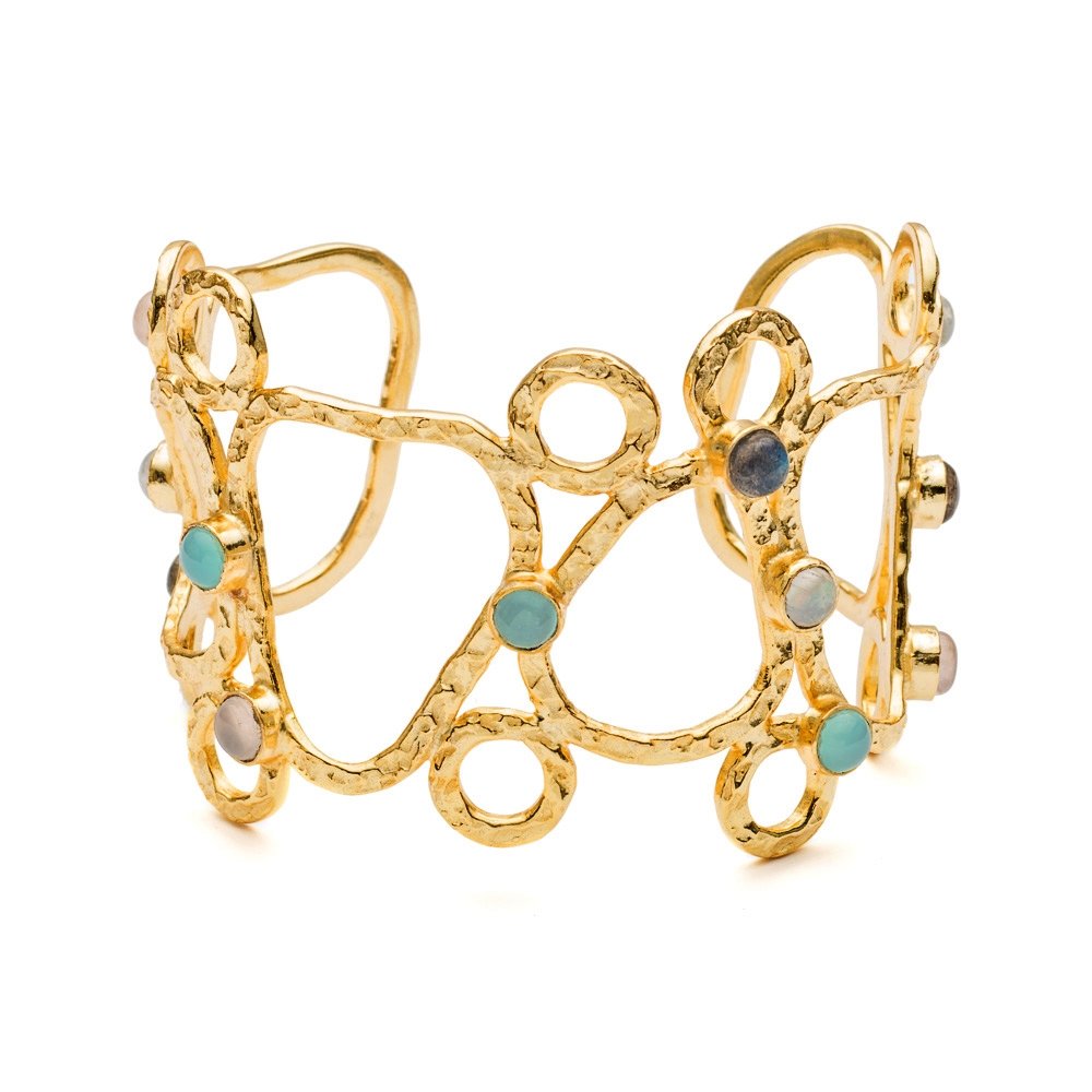 Thalia Sculptural Cuff: Gold, Rose Quartz, Moonstone, Labradorite, Aqua