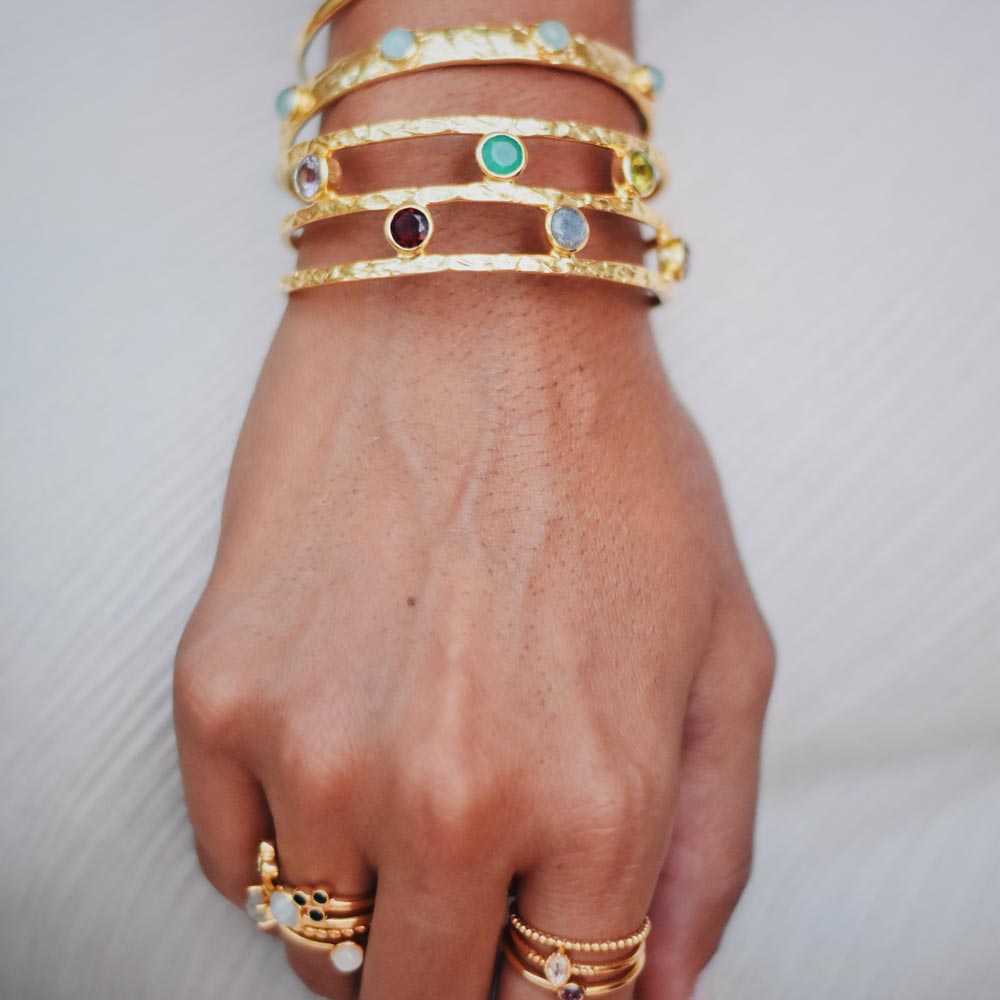 modeñ wearing Venus Gemstone Bangle with Rose Quartz, Amethyst, Iolite and Aqua