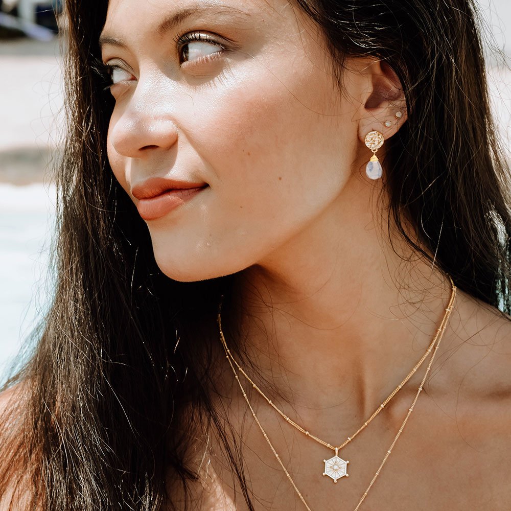 Model wearing Moonstone drop earrings with gold coin disc as worn by HRH Kate Middleton . Gold coin and moonstone briollete earrings 