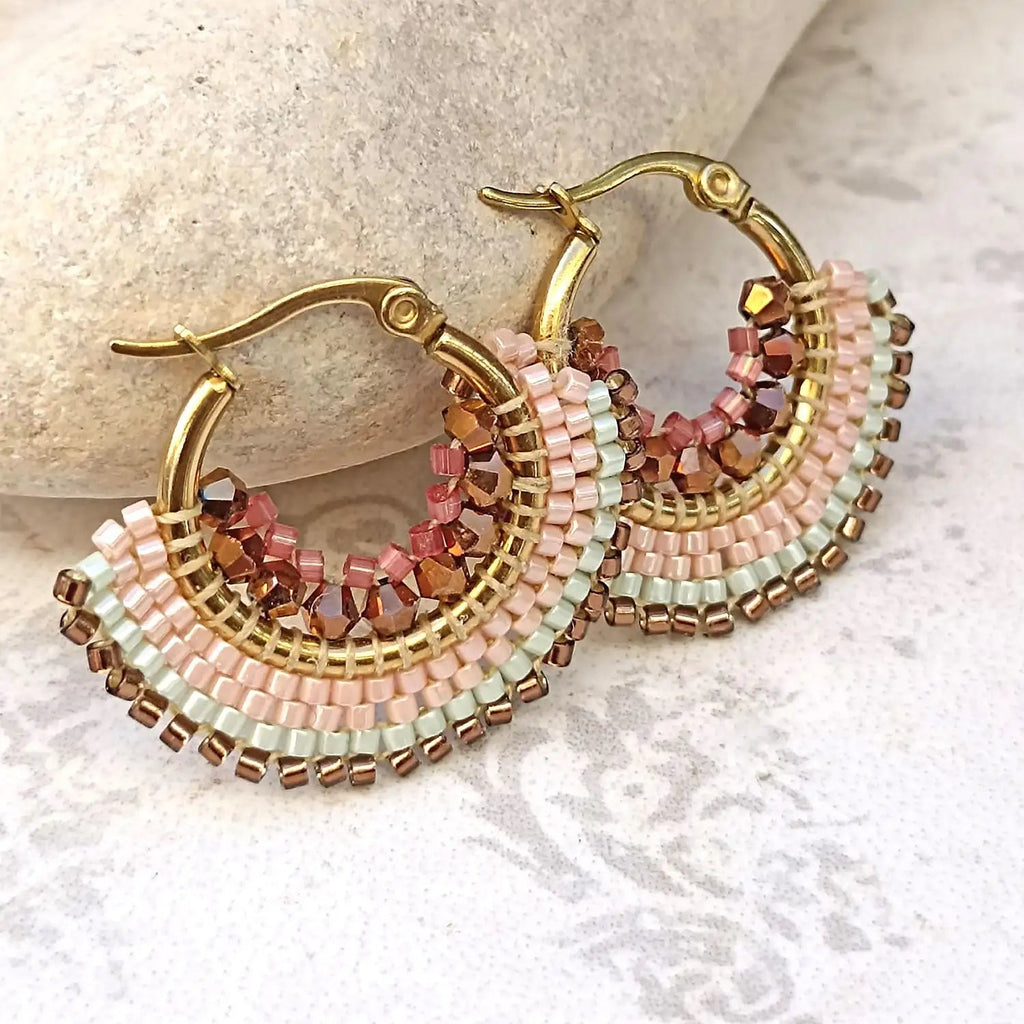 Achi Crystal  and woven bead Boho  Hoop Earrings 