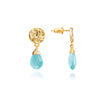 Aqua Chalcedony gold drop stone earrings with textured coin as worn by Kate Middleton the Princess of Wales 