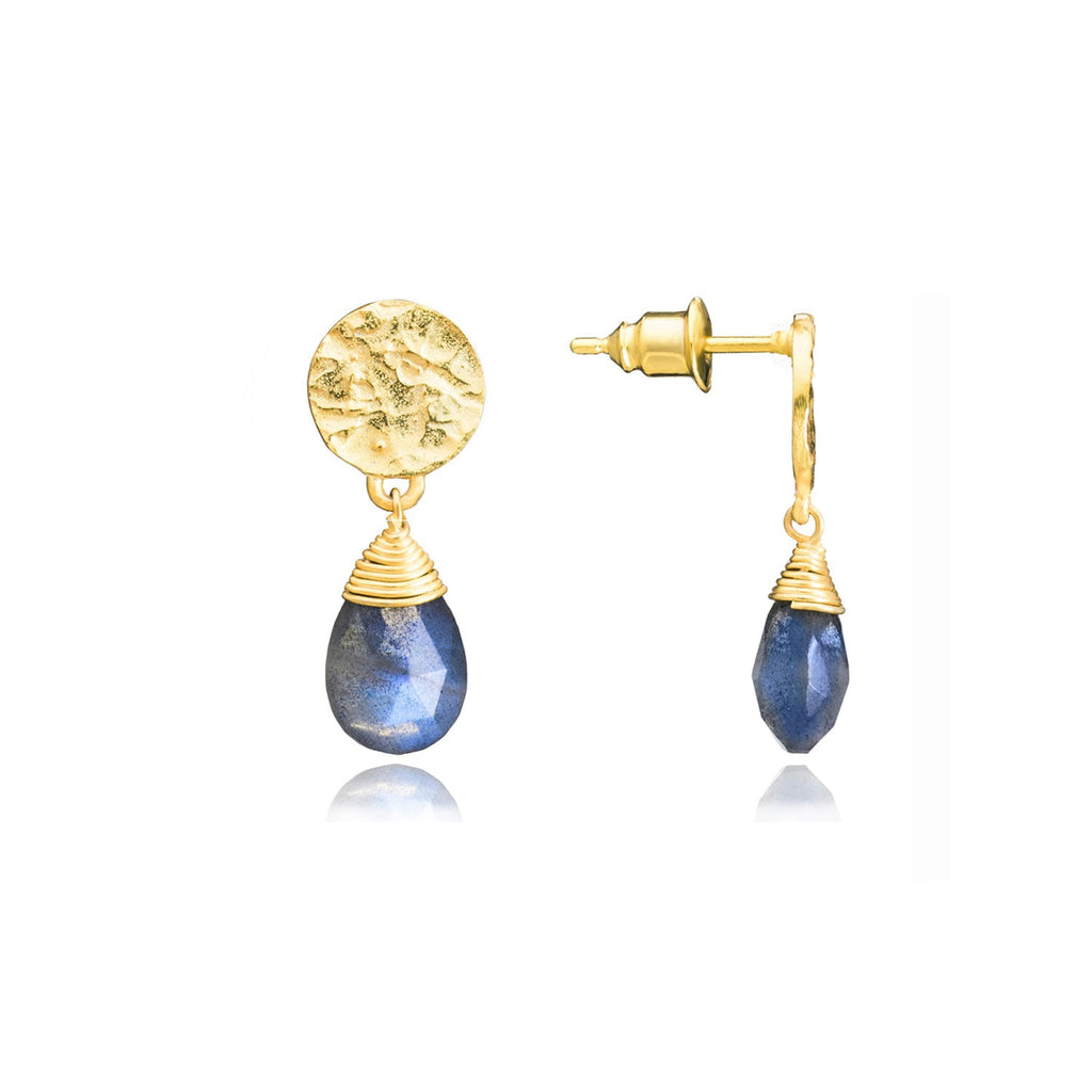 Gold textured coin and labradorite  Athena drop stone earrings. A style worn by The princess of Wales 