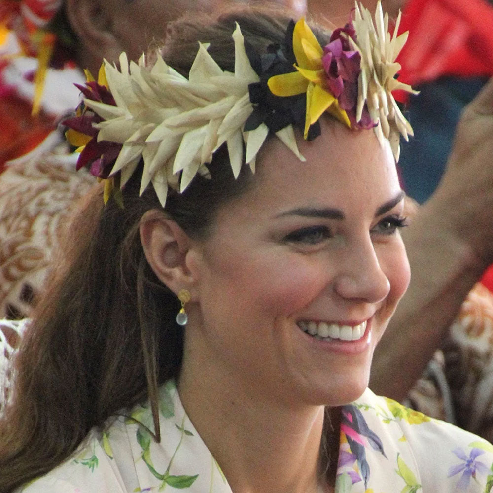 The princess of Wales wearing Azuni Drop stone Earrings in Aqua Chalcedony