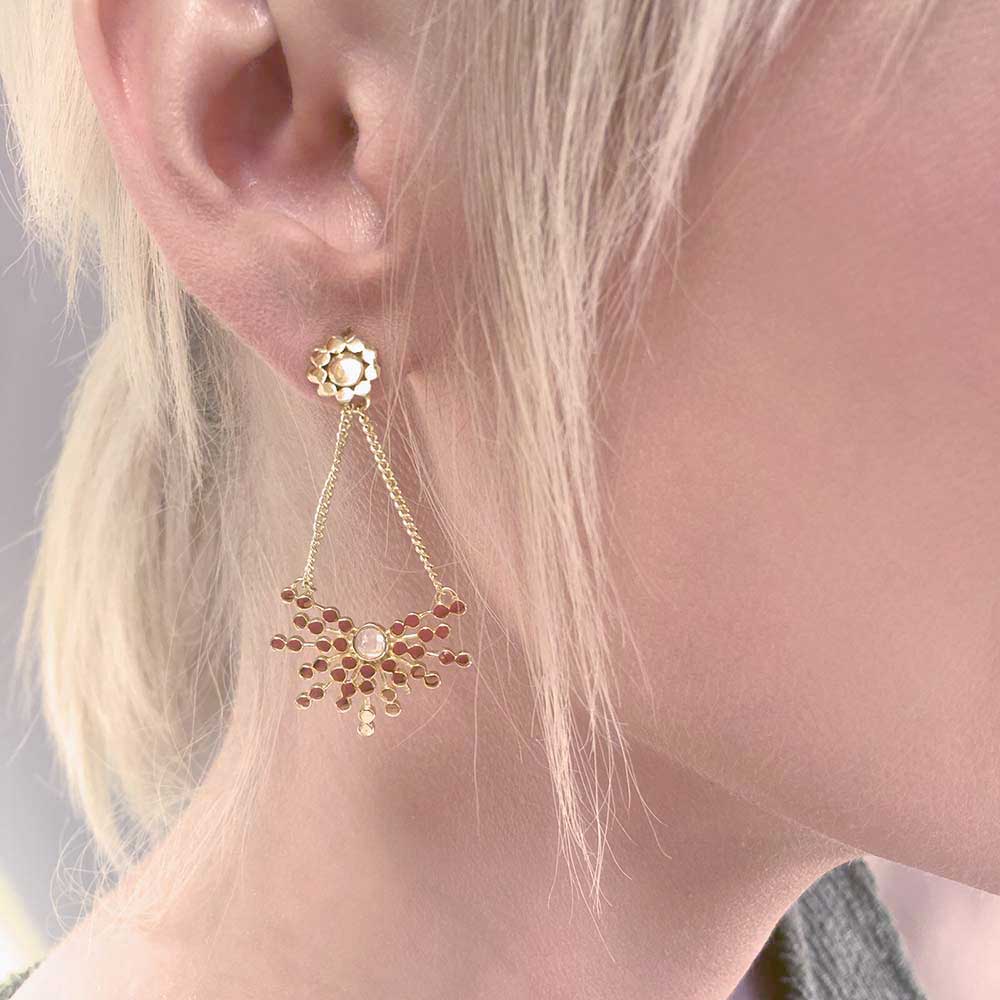 Model wearing Gold radiating bead drop stud earrings with set rose quartz, 22 karat yellow gold plate, by Azuni London