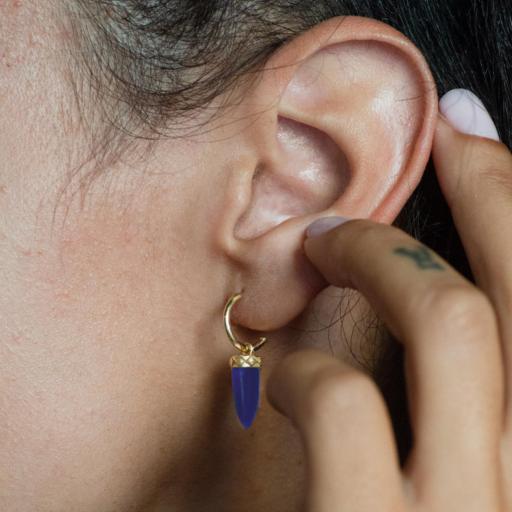 Gold vermeil hoop earrings with lapis lazuli spike shaped gemstone drops by Azuni