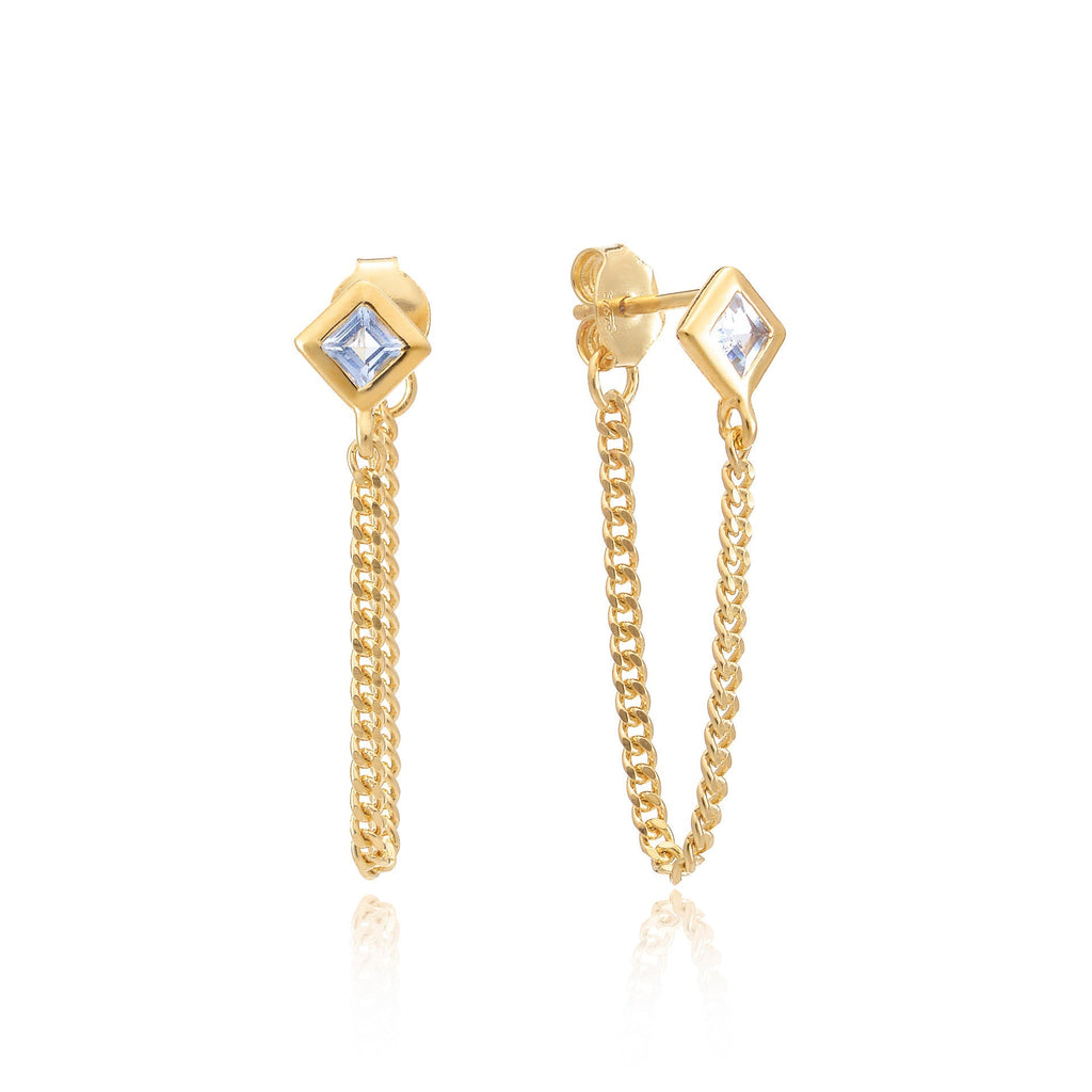 Gold Vermeil Square Cut Blue Topaz Chain Stud