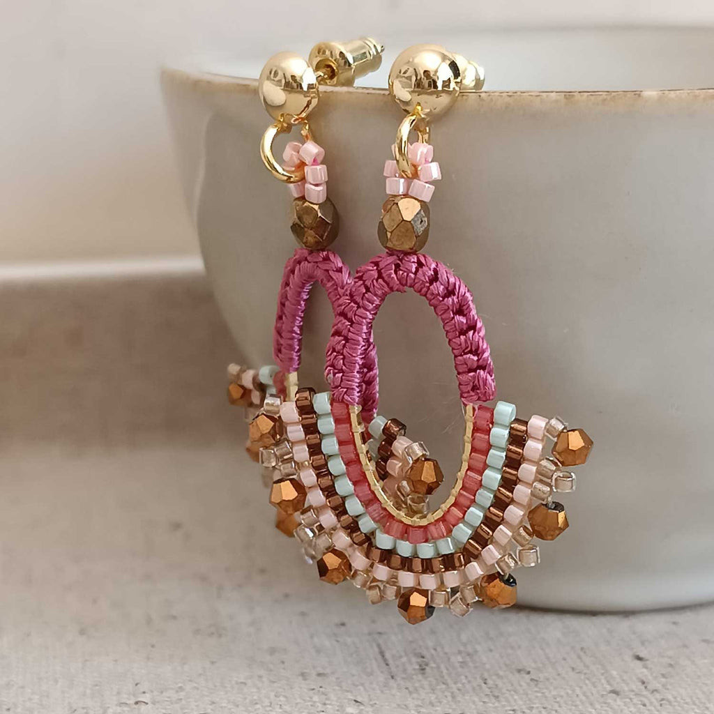 Crochet and crystal hoop earrings