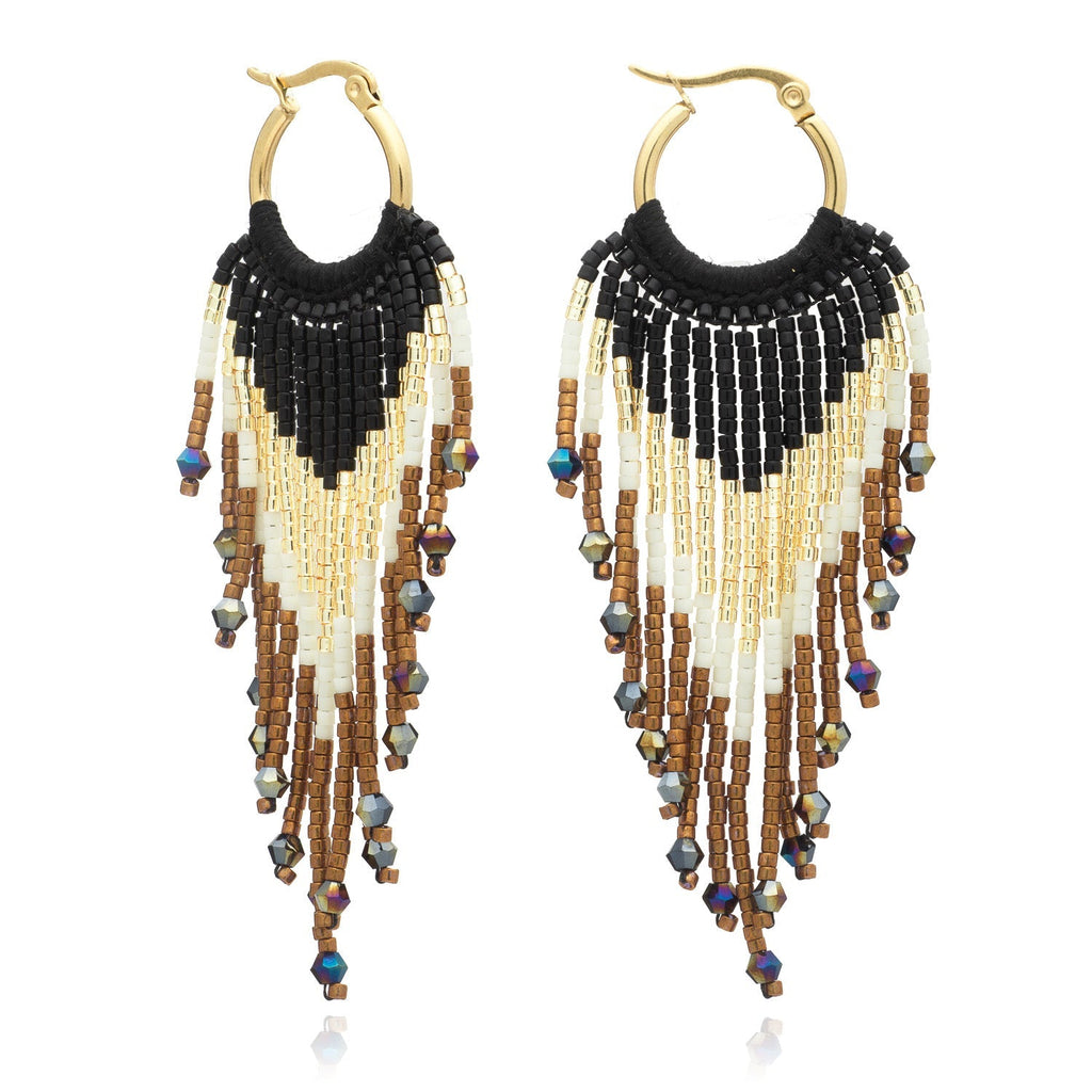 Yaz Bead Fringe Gold Sleeper Earrings