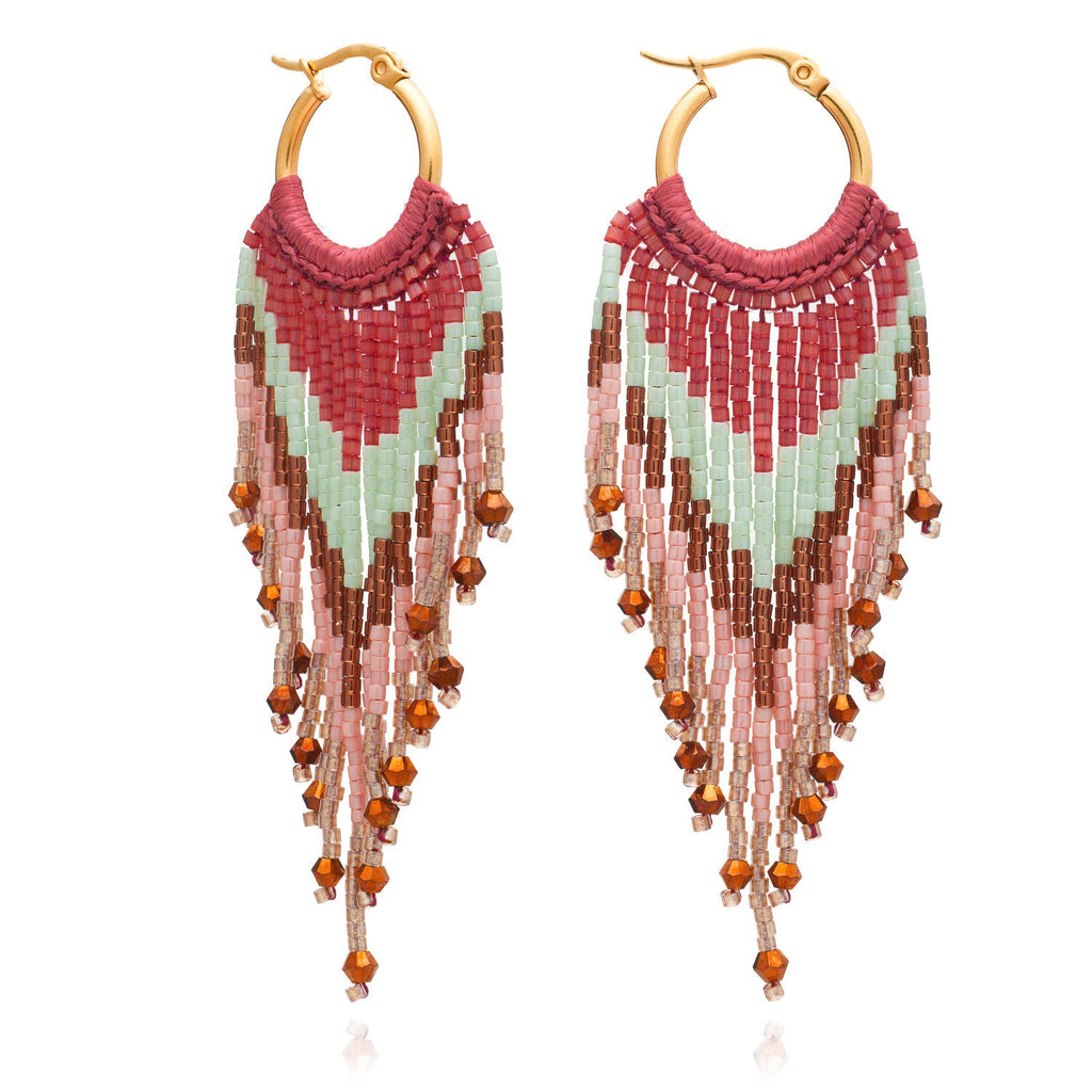 Long beaded earring hoops pink and mint colours