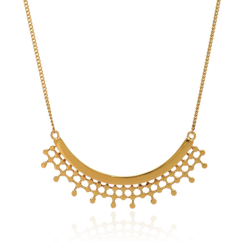 Gold bead curved pendant necklace, 18 karat yellow gold plate, by Azuni London