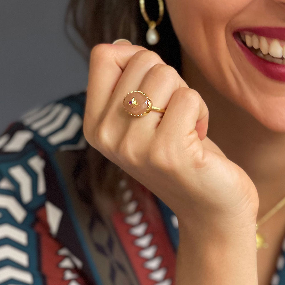 Statement peach moonstone ring with pink topaz . Gold vermeil statement ring with peach moonstone and star by Azuni London 